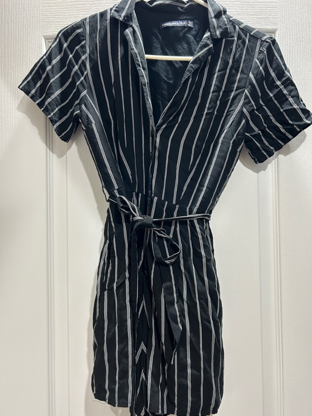 Abercrombie & Fitch Black Vertical-Stripe Short-Sleeve Romper